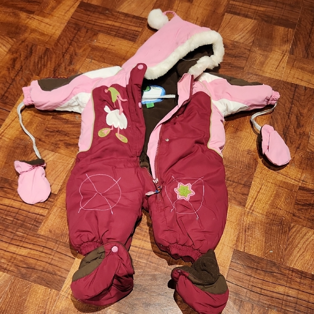 Gagou Tagou Pink + Burgundy Snowsuit with Mittens + Booties 6M